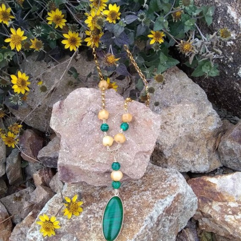 Malachite and Yellow Jade Pendant Necklace